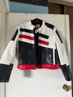 Colorblock Leather Motorcycle Jacket - Black White Red